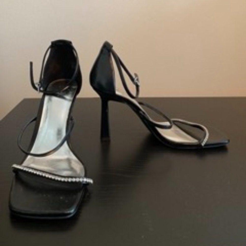 Zara Square Toe Ankle Strap Rhinestone Black Heels